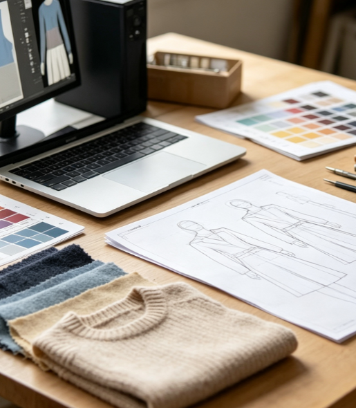 Custom knit sweater design & pattern development, discussing design details with clients for OEM custom orders