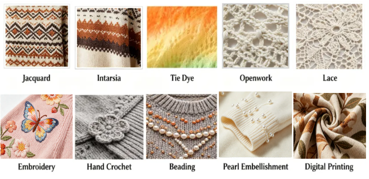 ANRONG Knitwear custom sweater manufacturing techniques - jacquard, intarsia, tie dye, openwork, lace, embroidery, hand crochet, beading, pearl embellishment and digital printing for OEM ODM knitwear