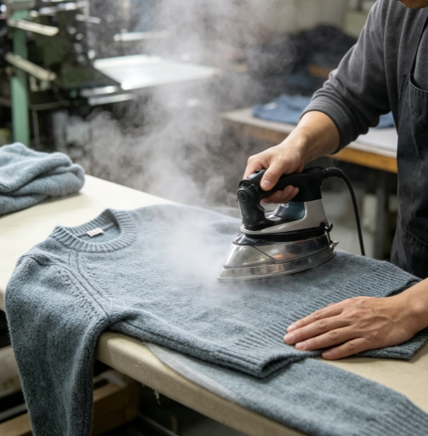 Steam ironing and shaping for finished custom knit sweaters