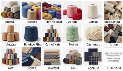 ANRONG Knitwear available yarn materials - alpaca, viscose, merino wool, acrylic, angora, bamboo fiber, camel hair, mohair, cashmere, wool, nylon, polyester, silk and chenille for custom sweaters